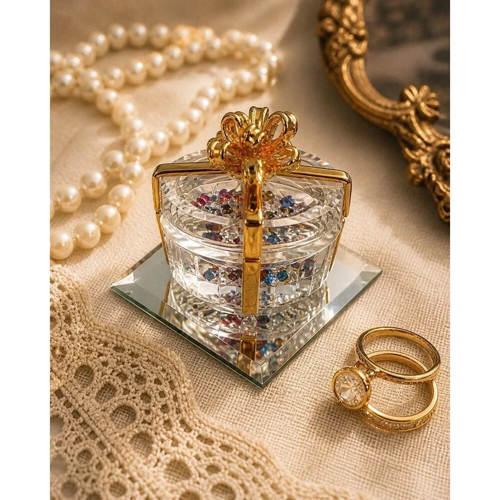 Glass Trinket Box Gold Bow Hinged Jewelry Holder Ring Box w Mirror